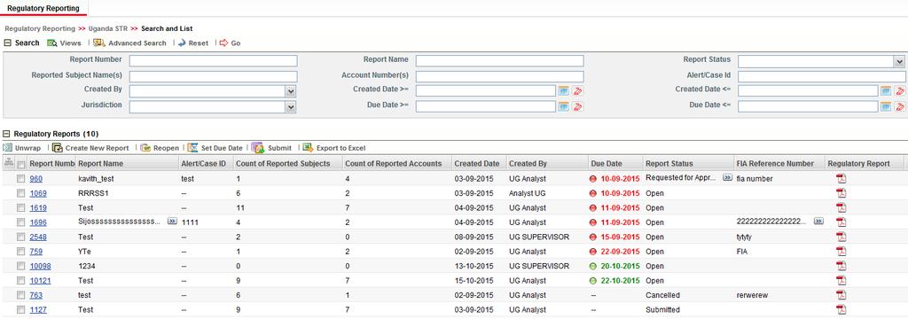 Searching STRs Searching STRs The Compliance Regulatory Reporting Search and List page enables you to filter the list of reports that you want to view and analyze.
