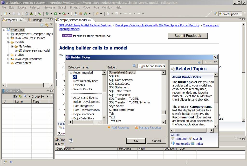 Figure 2. WebSphere Portlet Factory Designer adding builders to a model When a builder is selected from the palette, you are presented with the builder call editor (see Figure 3).