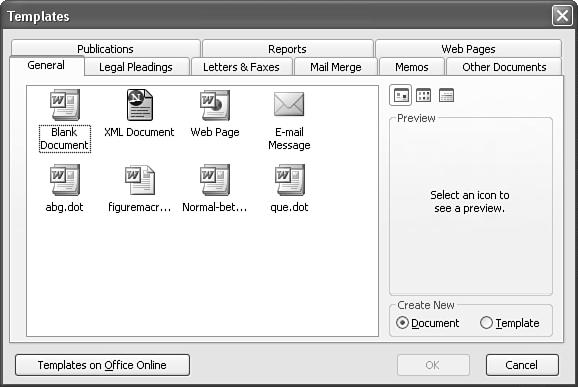 2 The Templates dialog box contains the templates that are included in Word 2003, as well as those you create.