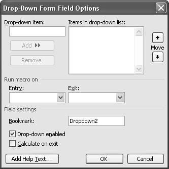 CHAPTER 19 WORKING WITH FORMS PDF:381 4. With the form field still selected, click the Form Field Options button to open the Drop-Down Form Field Options dialog box (see Figure 19.7).