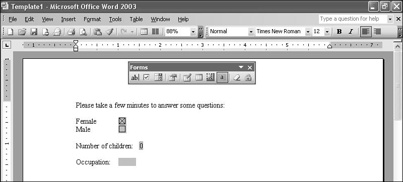 CHAPTER 19 WORKING WITH FORMS PDF:383 FIGURE 19.10 A new text form field appears in the text. Text form field 4.