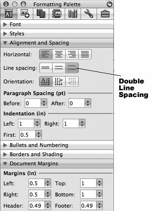 Lab 4: Microsoft Word Layout and Graphics Features 105 Figure 4.9b Mac Word 2008 line spacing on the Formatting Palette. Notice that the indentation is indicated.