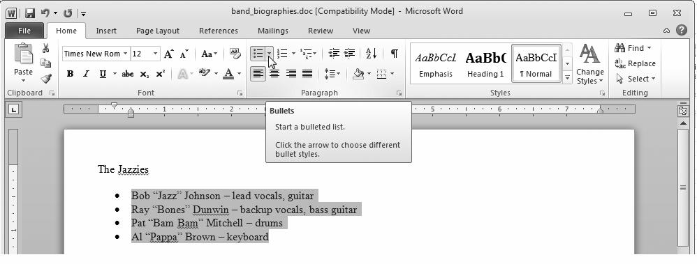 Lab 4: Microsoft Word Layout and Graphics Features 109 Figure 4.16 Word list unformatted. Bulleted Lists A list of items can be formatted with bullets or numbers.