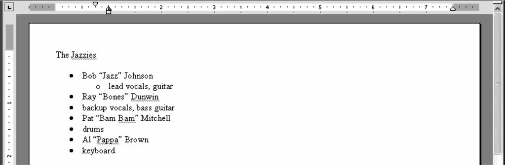 Lab 4: Microsoft Word Layout and Graphics Features 111 Figure 4.19 Word bulleted list with indented item. Press the Tab key to indent the list item. The indented item is shown in Figure 4.19. Similarly, use the Tab key to indent each of the descriptions for each band member.