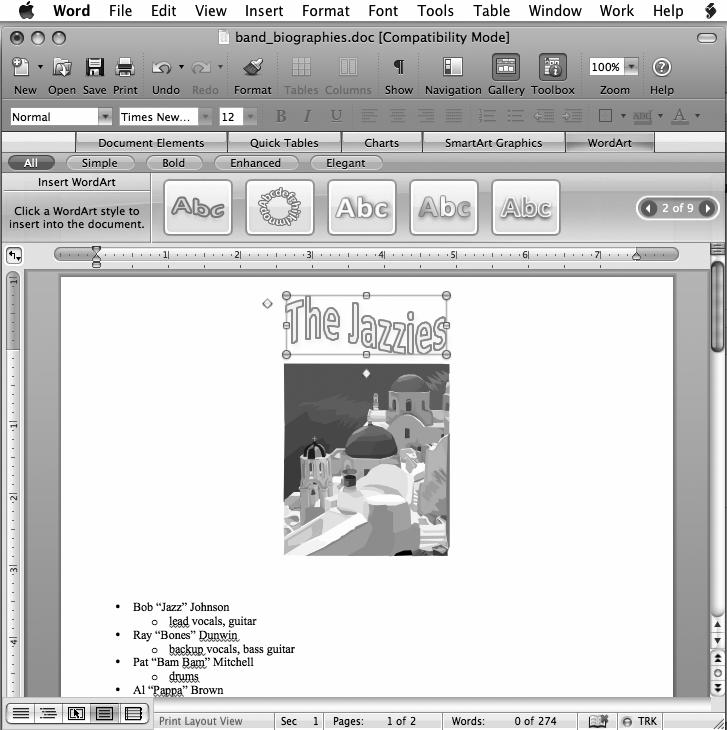 Lab 4: Microsoft Word Layout and Graphics Features 123 Figure 4.31b Mac Word 2008 WordArt centered. Review This has been a busy lab!