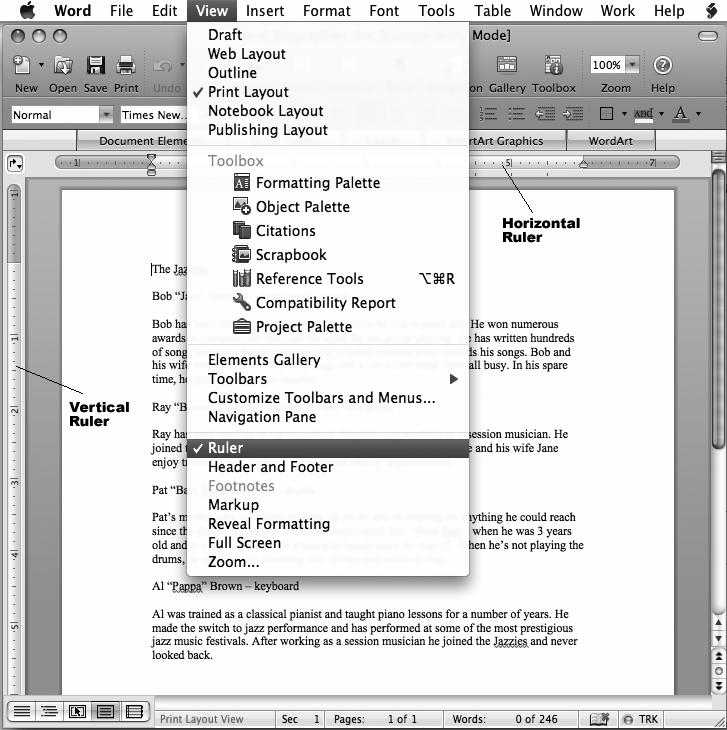Lab 4: Microsoft Word Layout and Graphics Features 97 Figure 4.1b Mac Word 2008 showing rulers. Notice the dark margin area at the top of the page on the ruler.