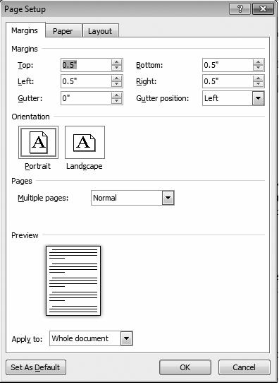 Lab 4: Microsoft Word Layout and Graphics Features 101 Figure 4.5a Windows Word 2007 Page Setup dialog box with margins set to.5".