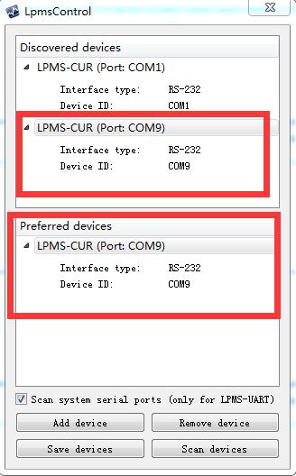 The "add device" window will pop out, as following. 2) To check the option of "Scan system serial ports (only for LPMS-UART)" and click the "Scan devices" button to start the device discovery process.