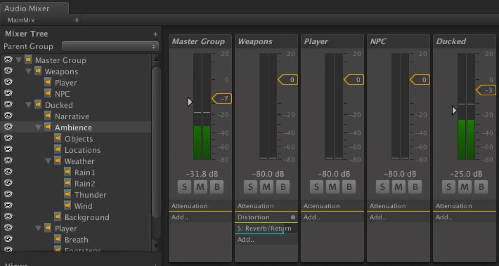 Audio Mixer Features: Routing Create complex routing hierarchies to categorize sounds and apply effects and volume adjustments as one.