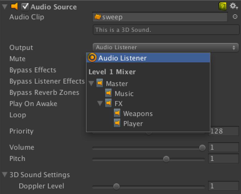Audio Mixer Features: Routing AudioSources can be routed to any group of any AudioMixer in the Project 3D