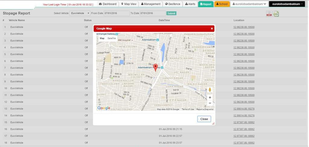 In Location column user can view the latitude and longitude value. If user click the link then user can view the current vehicle location in a map 4.3.