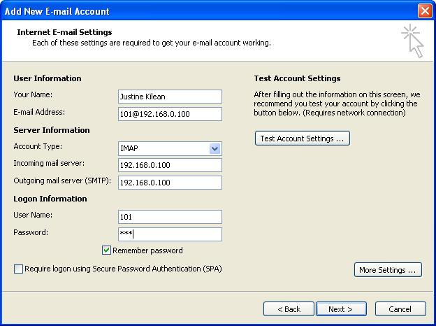 The User Suite: Voicemail / Fax The Internet E-mail Settings window is displayed. 8. Enter your name and your email address in the User Information section. 9.