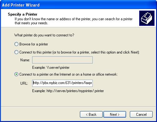 The User Suite: Voicemail / Fax The Specify a Printer window is displayed. 6.