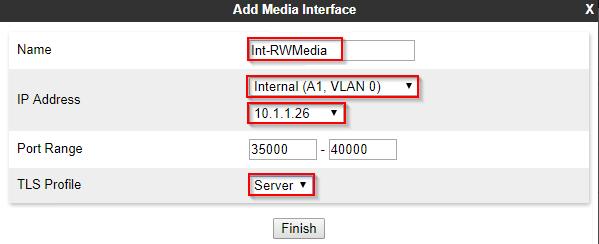 4.6 Create the Media Interfaces To configure the media interfaces: 1. Go to Device Specific Settings Media Interface. 2.