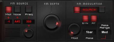 Frequency Modulation Source: Sets the frequency source for the frequency modulation. The options are internal note selection, an internal frequency knob/field or via incoming MIDI notes.