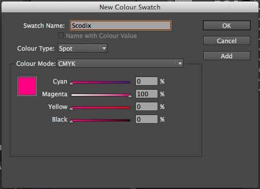 Making a Spot Colour The colour used for the 3D Digital Overglossing should be defined as a Spot Colour 100% Magenta in the Swatch Colour Library with the name Scodix The