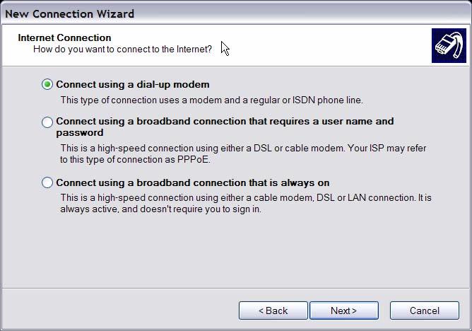 Select <Connect using a dial-up modem> to