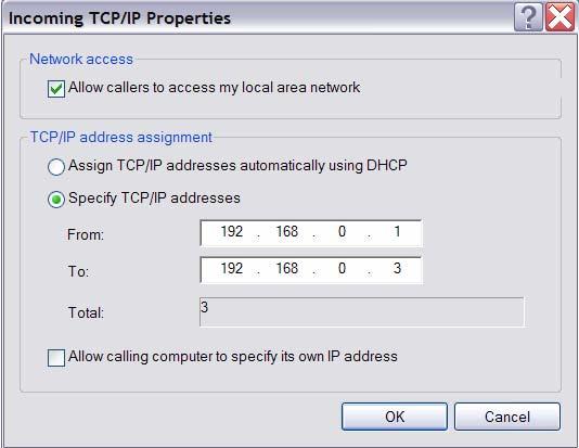 automatically using DHCP>, else choose <Specify TCP/IP addresses> and enter the range of IP