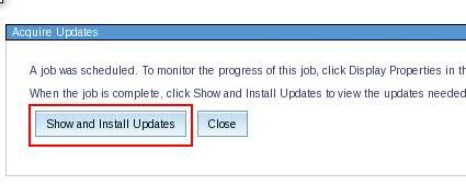 Close the Active and Scheduled Jobs tab once the update has successfully imported. Then click on the Show and Install Updates button in the Acquire Updates tab.