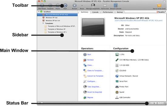 Setting Parallels Management Console to Work 18 Exploring Parallels Management Console Interface Parallels Management Console main window displays general information about