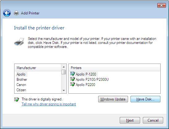 When the Install the printer driver window appears, click on the Have Disk... button.