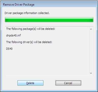 (9) When the Remove Driver Package window appears, click on the Delete