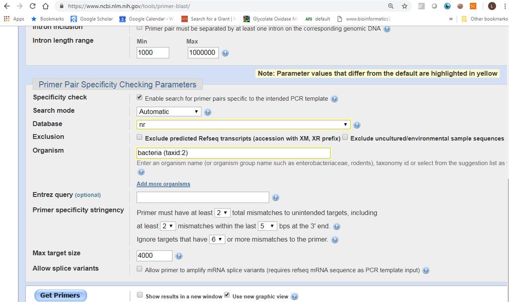 2. Scroll down to the section under the heading Primer Pair Specificity Checking Parameters. Under the Database dropdown menu, select nr to search the Genbank nr database.