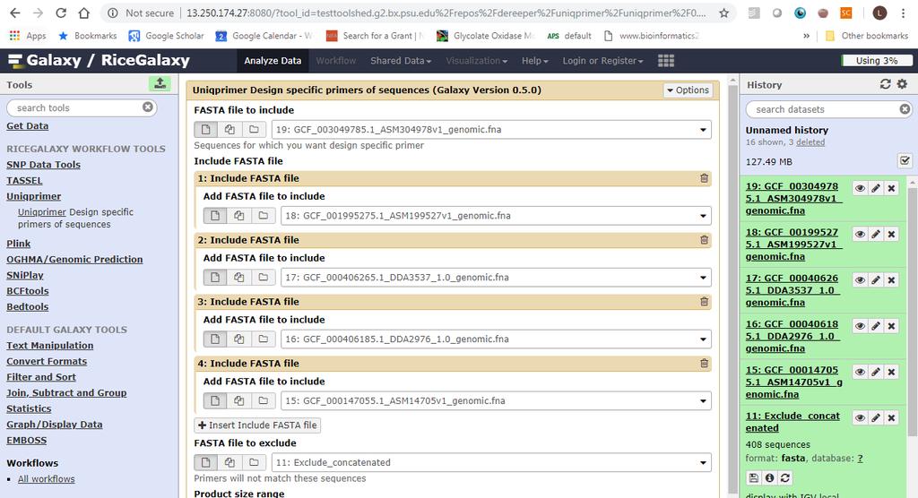 Part III. Generating diagnostic primers using RiceGalaxy. 1. Click on the Uniqprimer menu item under RiceGalaxy Workflow Tools in the tools column on the left.