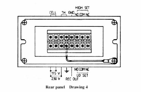VI) Measurement range select a) Loosen the one earth ground screw on the rear of the instrument. Refer to Drawing 4. Loosen the screw on the front panel. Refer to Drawing 5 (page 7.