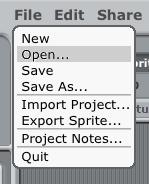 Click on File at the top of the screen in Scratch and select Open. On the left side of the Open Project Box, click on Examples.