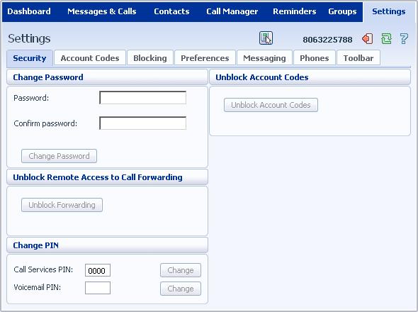 9 Settings The Settings page consists of a series of tabs allowing you to configure the phone system: Security lets you change your passwords and PINs.