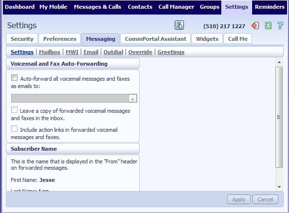 9.5 Messaging The Messaging tab lets you change the operation of your Voice and Fax messaging service, and has a series of sections: Settings lets you configure some general Messaging settings.