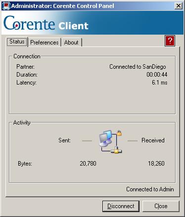 Chapter 3. Status Tab The Status tab on the Corente Control Panel allows the user to view connection status and activity at a glance.