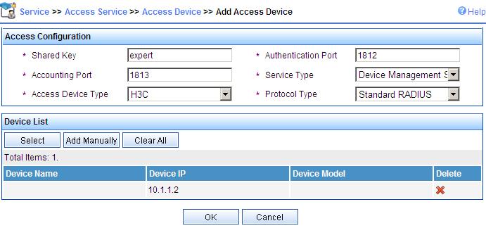 Figure 10 Add an access device Set the shared keys for authentication and accounting packets to expert Specify the ports for authentication and accounting as 1812 and 1813 respectively Select Device