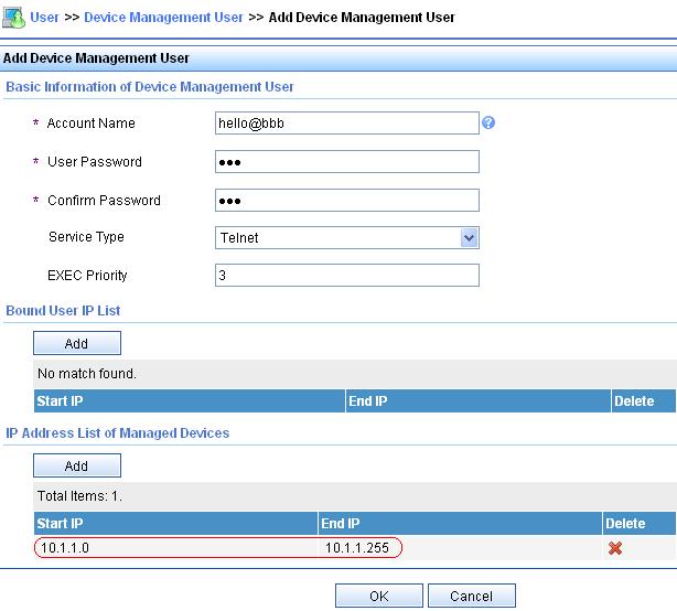 Figure 11 Add an account for device management Add a user named hello@bbb Specify the password as abc and confirm the password Select Telnet as the service type Set the EXEC privilege level to 3.