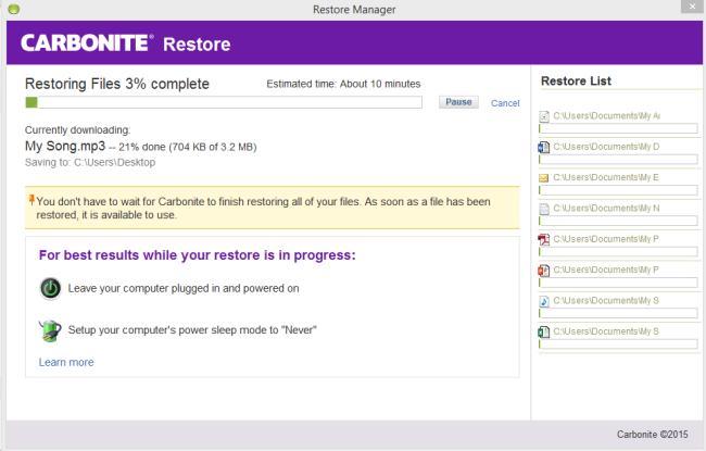 If it is restoring a very large file (multiple GB in size), the Restore Manager may display the same file name for several hours as it is downloading.