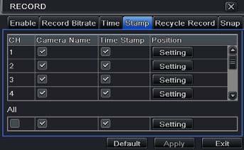 Fig 4-14 record configuration-stamp Step2: tick off camera name, time stamp; click Setting button, and then user