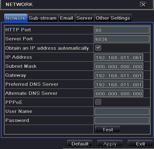Step4: enable PPPoE to directly connect the DVR to internet via ADSL and then input the user name and password; click TEST button to test the effectiveness of the relevant information.