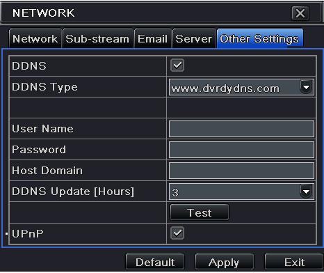 4.6.5 Other settings Step1: enable DDNS server: user needs to input user name, password and host domain name of the registered website, click TEST to test the effectiveness of the relevant