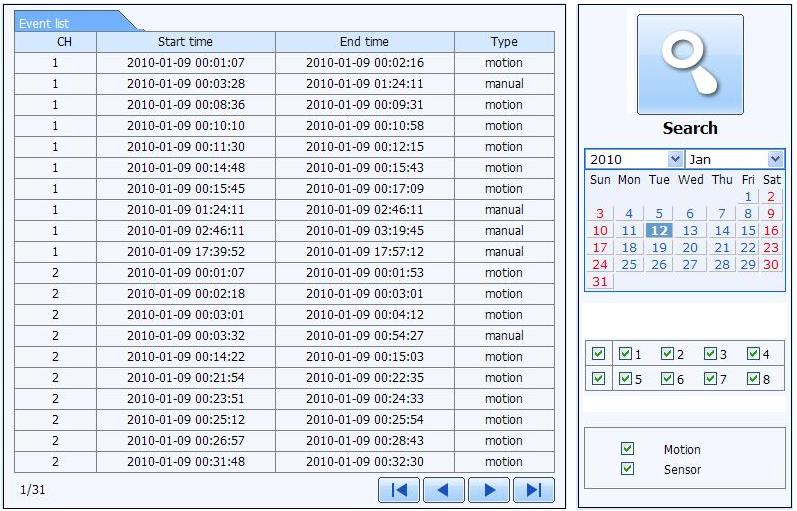 Fig 7-8 event search interface Step2: click the highlight date and select record channels and then tick off the event type: motion and sensor.