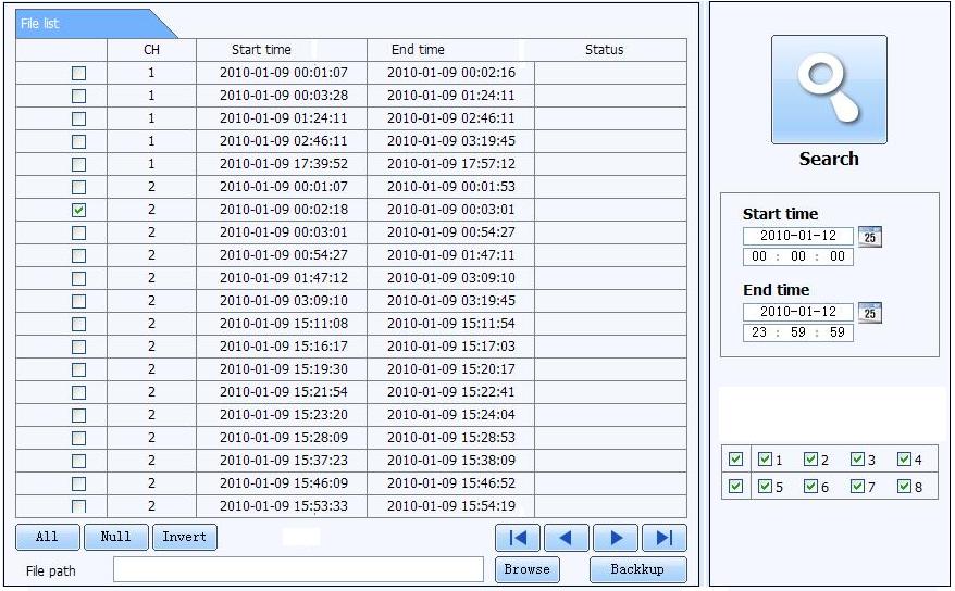 Fig 7-10 remote backup interface Step1: select channels, set the start and end time and then click search button to display the file information in the file list box Step2: select backup files, click