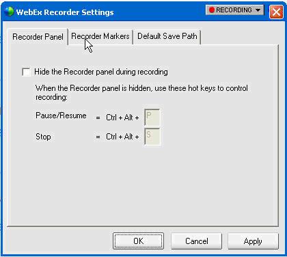 The WebEx Recorder Settings dialog box appears. 2 Under Recorder Panel select the Hide the Recorder panel during recording check box. Default hot keys appear in the Pause/Resume and Stop boxes.