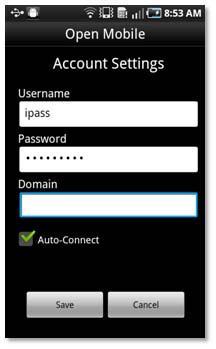 Using Open Mobile Account Settings Enter or change your ipass account credentials here, including username, password, domain, and possibly prefix (not shown above).
