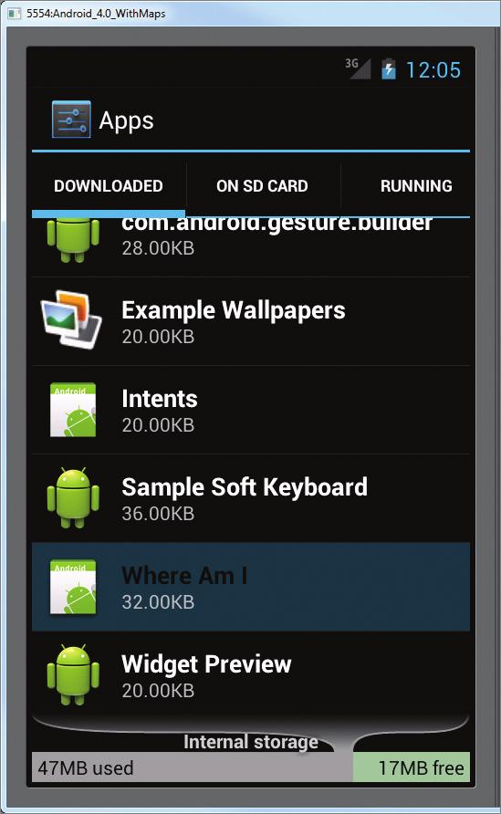 Deploying APK Files 473 When you inspect the launcher on the Android device/emulator, you will be able to see the LBS icon (on the top of Figure 12-11).
