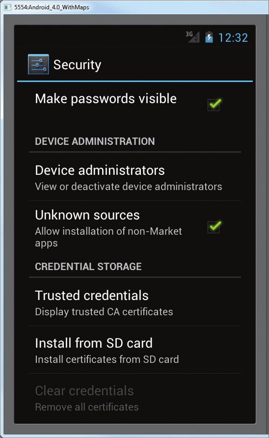 Deploying APK Files 475 By d efault, for online installation of Android applications, the Android emulator or device only allows applications to be installed from the Android Market (www.android.