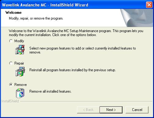 The Remove Wavelink Avalanche MC? dialog box appears asking if you are sure you want to remove Avalanche MC.