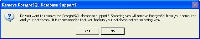 The Remove PostgreSQL Database Support? dialog box appears asking if you want to remove the PostgreSQL database. Remove PostgreSQL Database Support? Dialog Box 13.