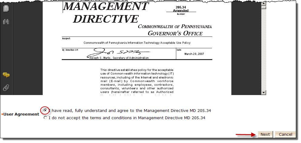 The DPW User Agreement and Update Hint QA: User Agreement page is displayed with the Management Directive. 6.