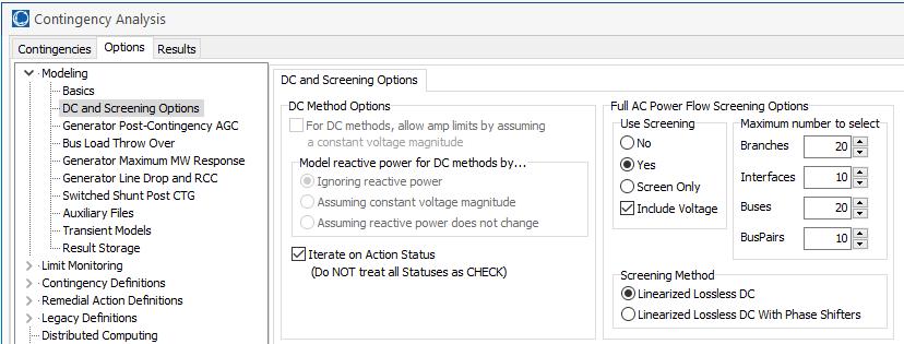 Contingency Screening DC and Screening Options page on
