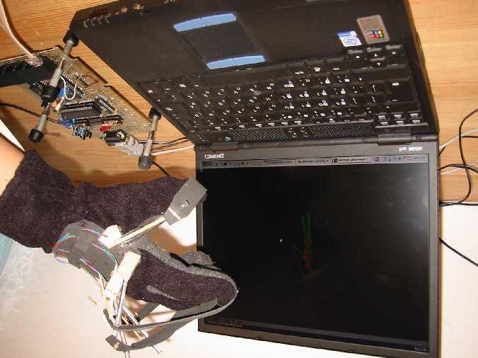 Figure 1: A picture of one of the two data gloves that was designed and implemented as part of this project. turn of a knob, and pre-programmed star constellations can appear on the simulated sky.